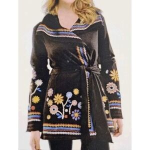 Charlie Paige Black Embroidered Floral Open Front Jacket, Boho, Small/Medium
